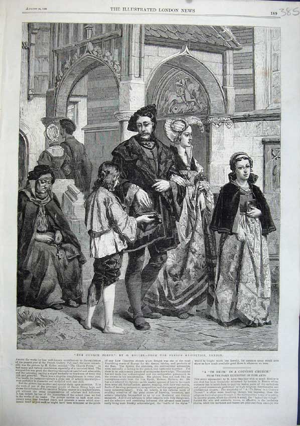 Original Old Antique Print 1863 Country Church Porch Family Koller Fine Art