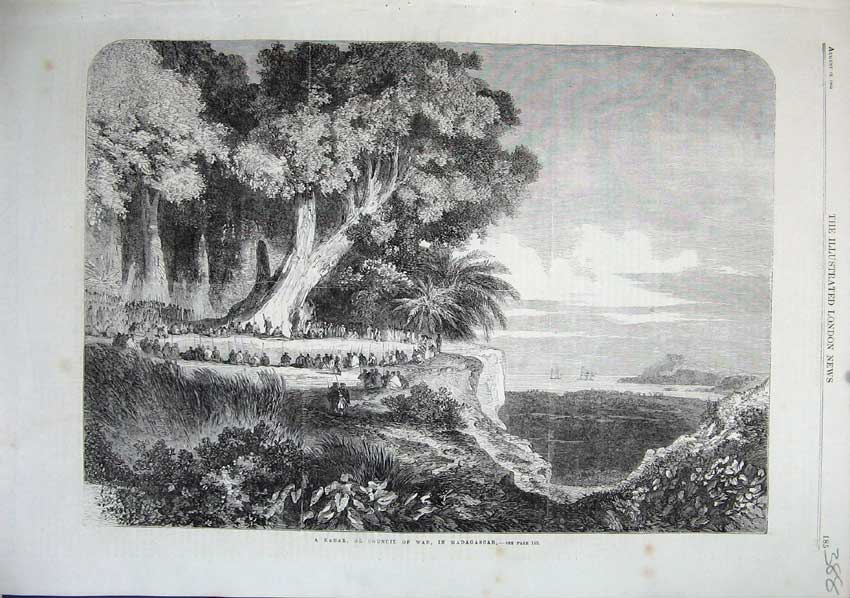 Old Antique Print 1863 Kabar Council War Madagascar Ships Trees Fine Art 19th