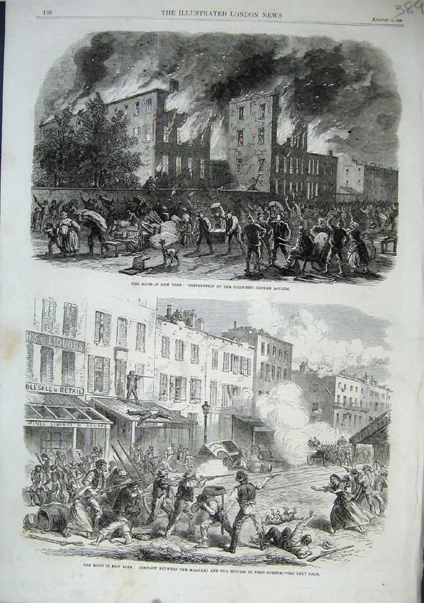Old Antique Print 1863 Riots New York Orphan Asylum Military First Avenue 19th
