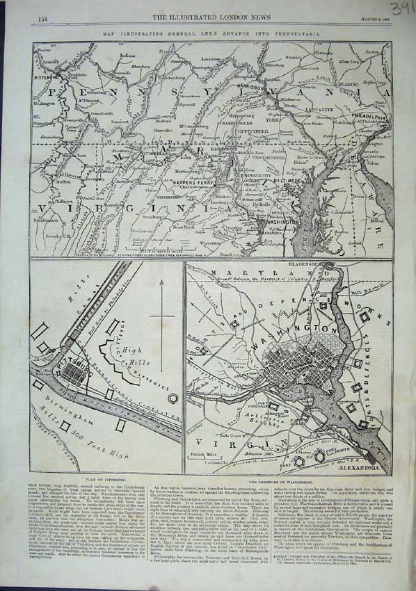 Original Old Antique Print 1863 Plan Pittsburg Defences Washington General Map