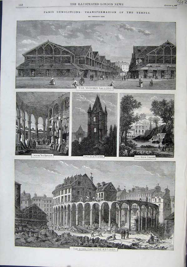 Original Old Antique Print 1863 Paris Wooden Galleries Tower Rotunda Demolition