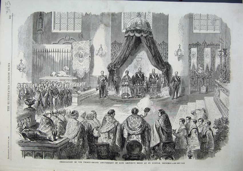 Original Old Antique Print 1863 Celebration Anniversary King LeopBrussels 19th