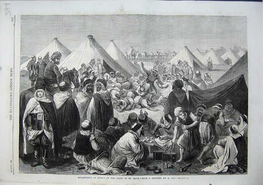 Old Antique Print 1863 Encampment Spahis Plain St Maur Horses Cooking Art 19th