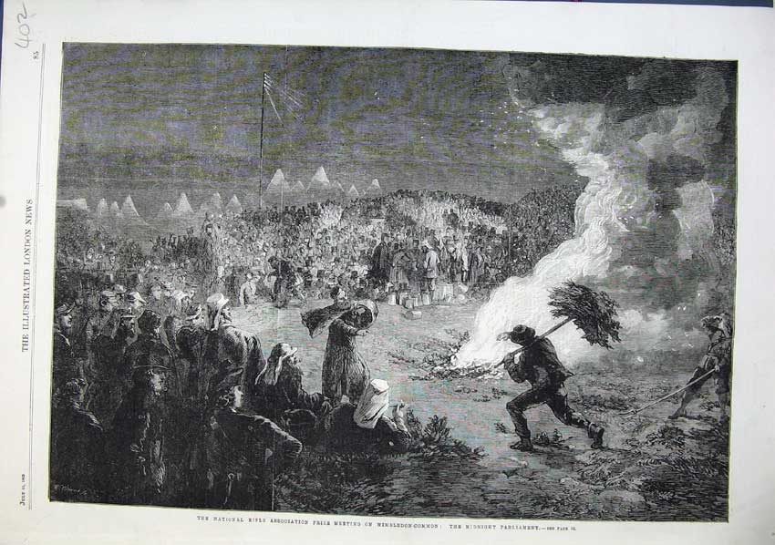 Old Antique Print 1863 National Rifle Prize Meeting Wimbledon Common Art 19th