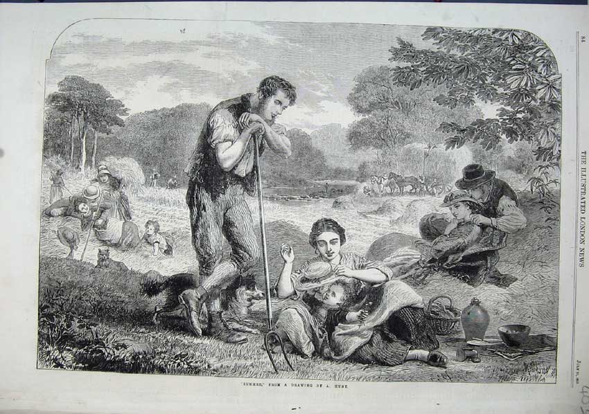 Old Antique Print 1863 Summer Country Scene Farmer Hay-Stack Dogs Horses 19th