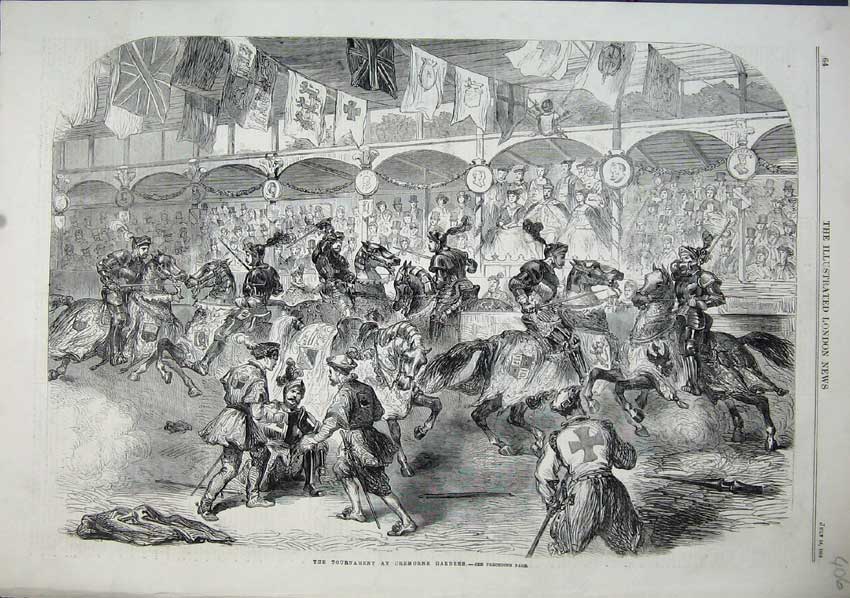Old Antique Print 1863 Jousting Tournament Cremorne Gardens Horses Knight 19th