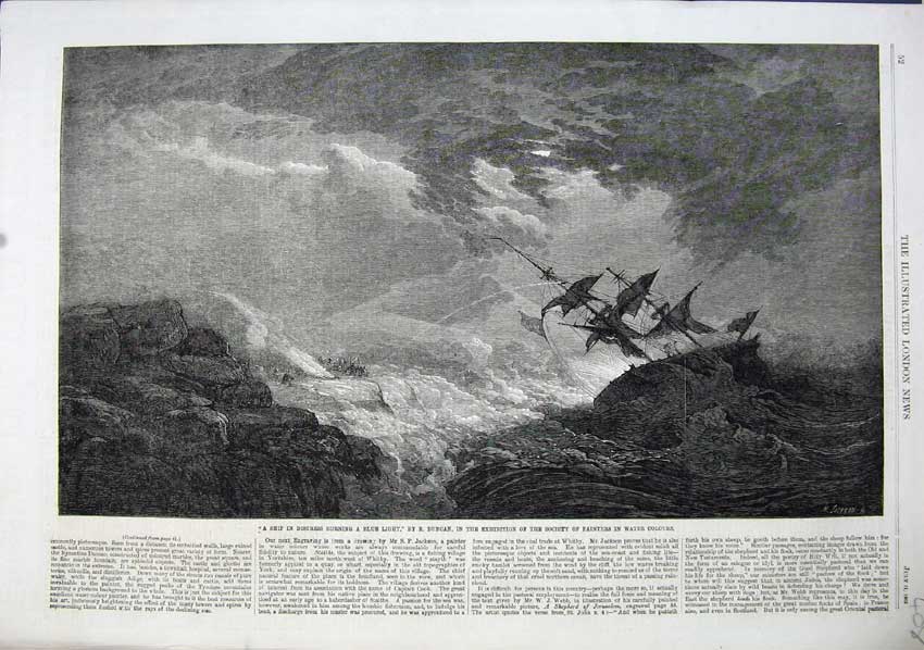 Old Antique Print Fine Art 1863 Ship Distress Burning Blue Light Duncan 19th
