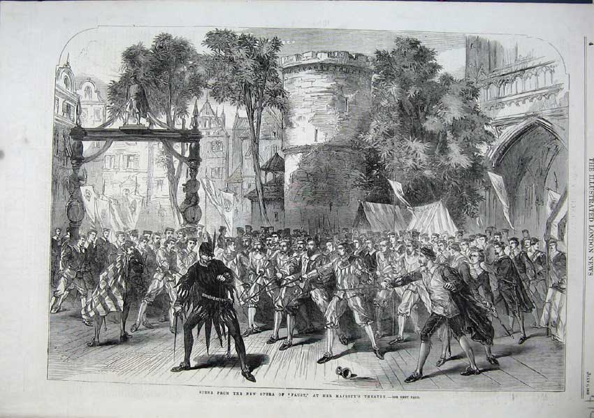 Original Old Antique Print 1863 Scene New Opera Faust Majesty Theatre Men Sword