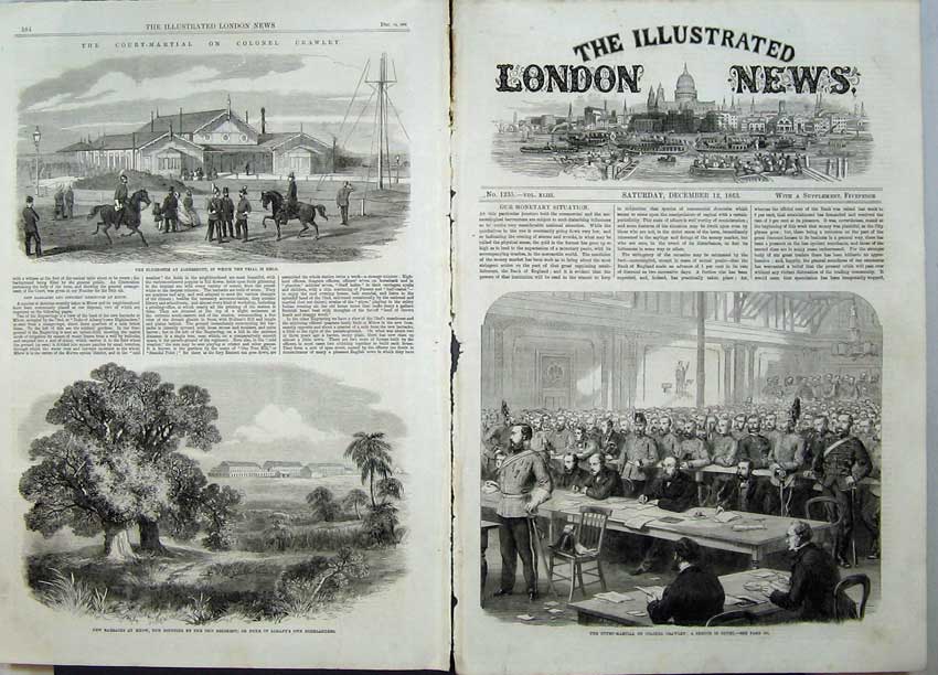 Old Antique Print 1863 Colonel Crawley Barracks Mhow Aldershot Clubhouse 19th