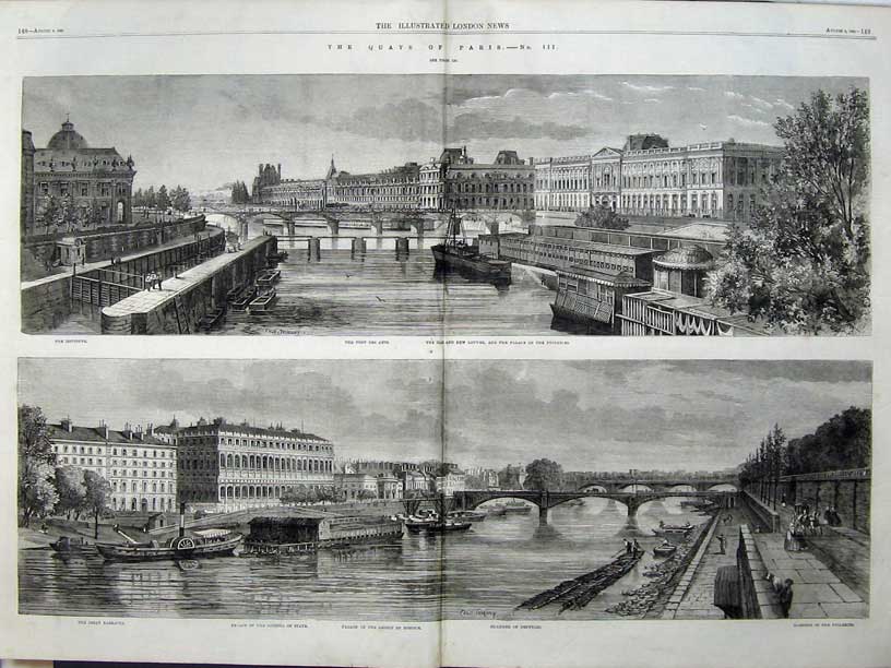 Antique Old Print Paris1863 Palace Louvre Tuileries Bridge River Fine Art 19th