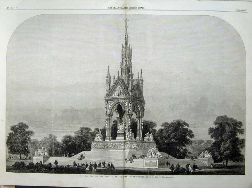 Old Antique Print 1863 National Memorial Prince Consort Statue Fine Art 19th