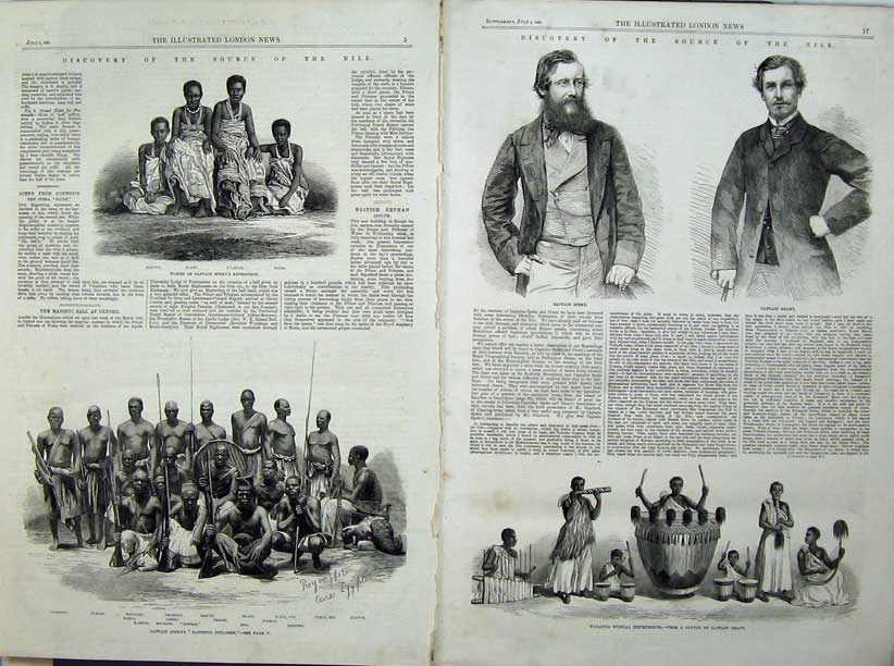 Old Antique Print 1863 Captain Speke Grant Waganda Instruments Children 19th
