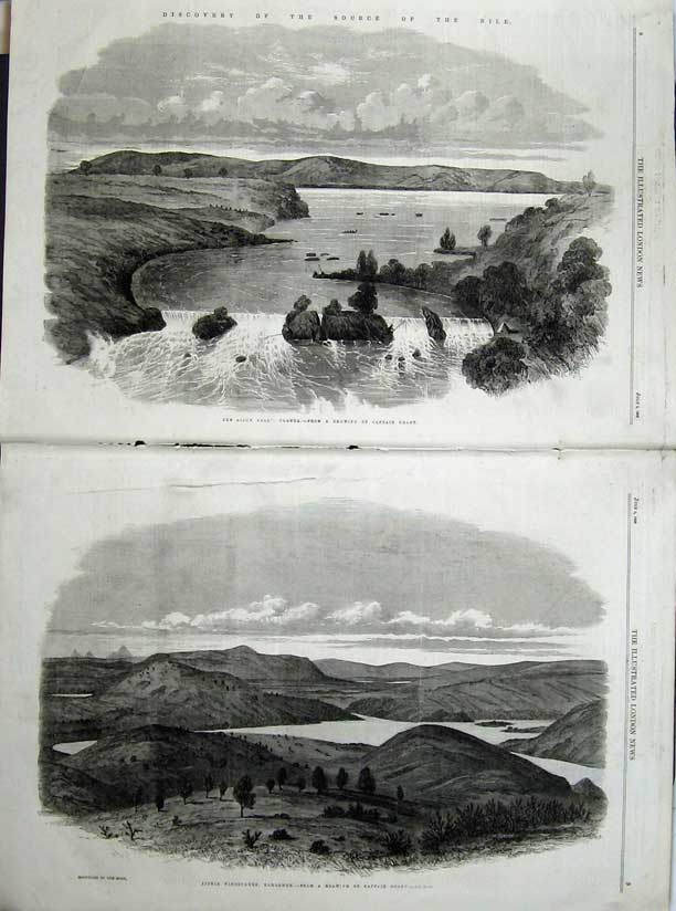 Old Antique Print River Nile 1863 Ripon Falls Windermere Karagweh Hills 19th