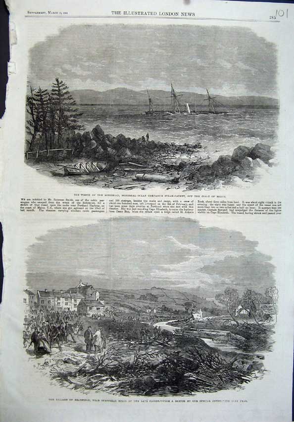Old Antique Print 1864 Bradfield Floods Ship Wreck Bohemian Steam Maine 19th