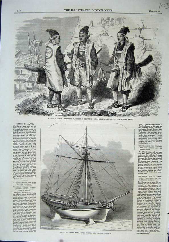 Old Antique Print 1864 Japan Warriors Dress Model Queen Elizabeth Yacht 19th