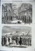 Original Old Antique Print 1864 War Chapel Gravestein Barrack Austrain Troops