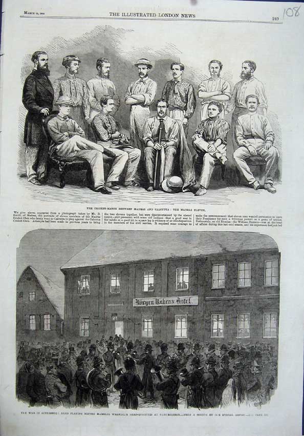 Original Old Antique Print 1864 Cricket Madras Calcutta War Schleswig Wrangel