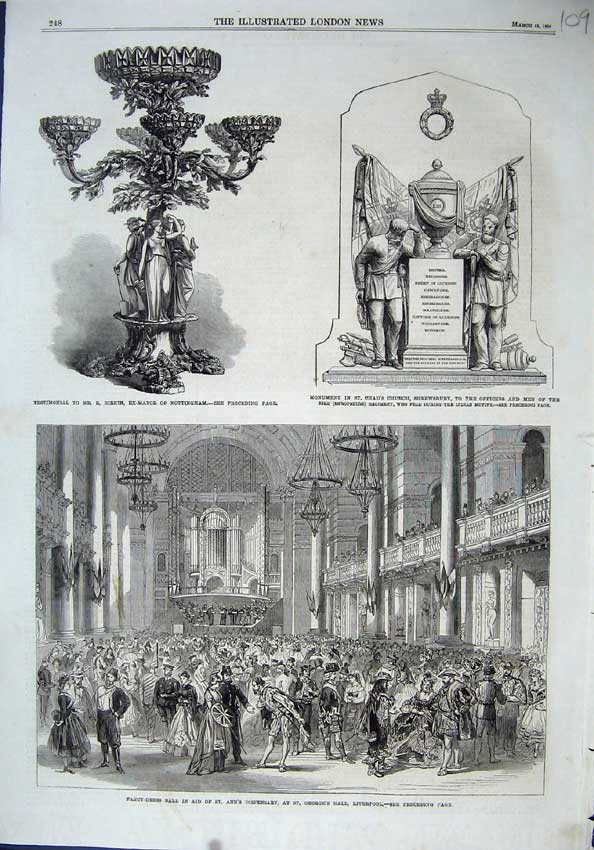 Old Antique Print 1864 Fancy Dress George'S Hall Liverpool Monument Mayor 19th