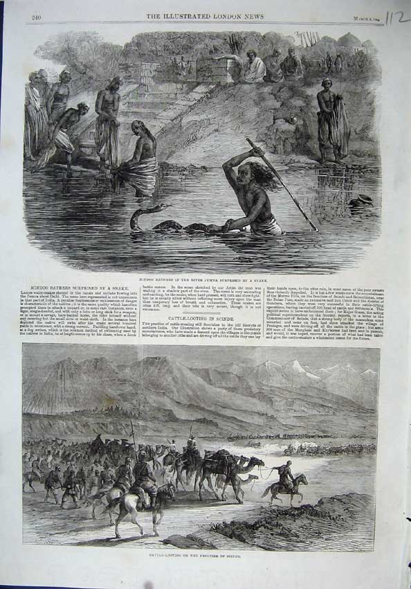Original Old Antique Print 1864 Hindoo Bathers River Jumna Snake Cattle Scinde