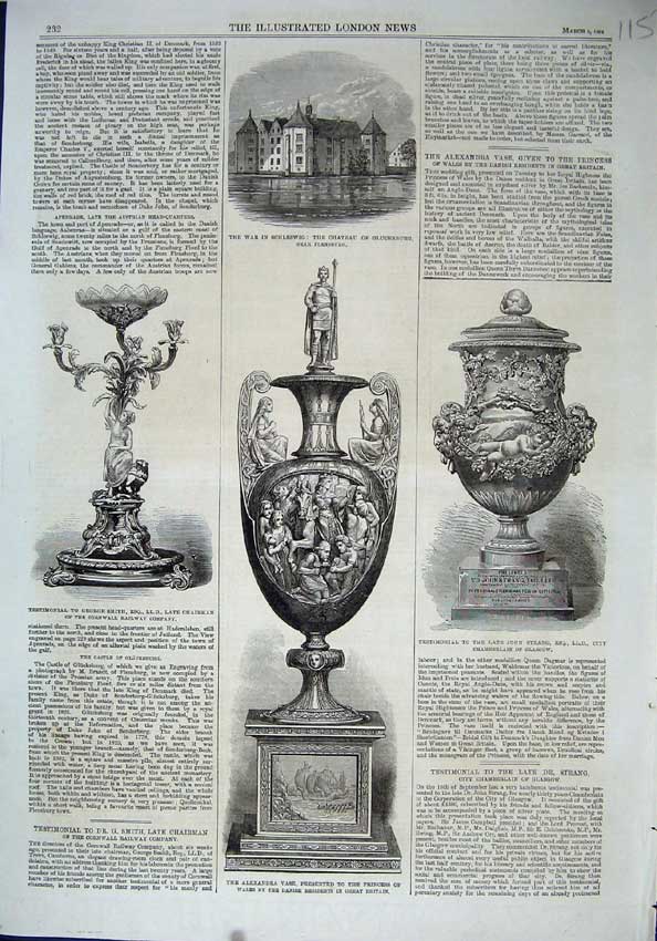 Original Old Antique Print 1864 War Schleswig Chateau Vase Testimonial Strang