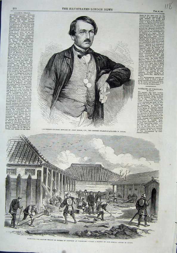 Original Old Antique Print Edward Neale 1864 Barracks British Troops Yaokohama