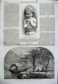 Original Old Antique Print 1864 Sculpture Hop Queen Autumn Lago Maggoire Boat