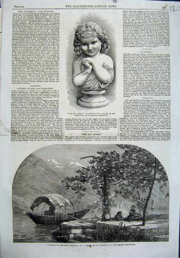 Original Old Antique Print 1864 Sculpture Hop Queen Autumn Lago Maggoire Boat