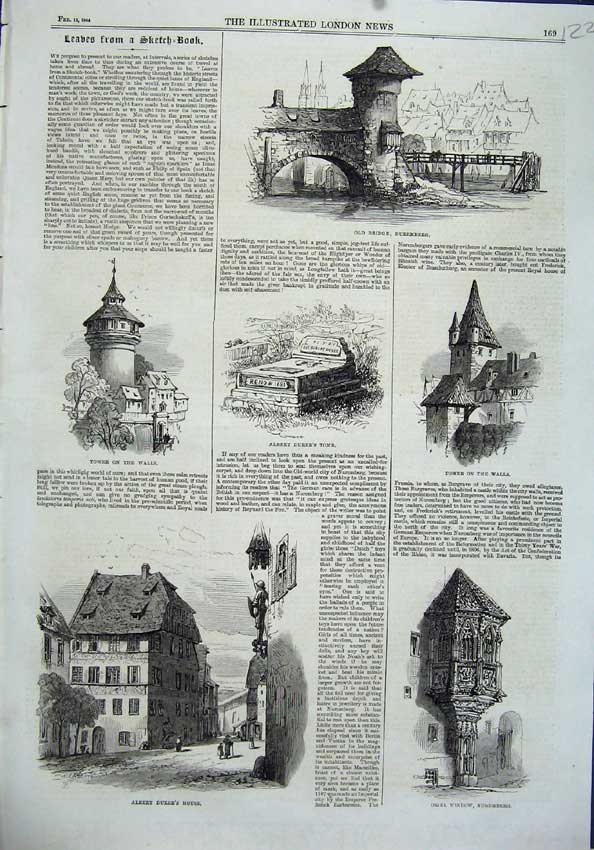 Old Antique Print 1864 Bridge Nuremberg Durer'S Tomb Tower Oriel Window 19th
