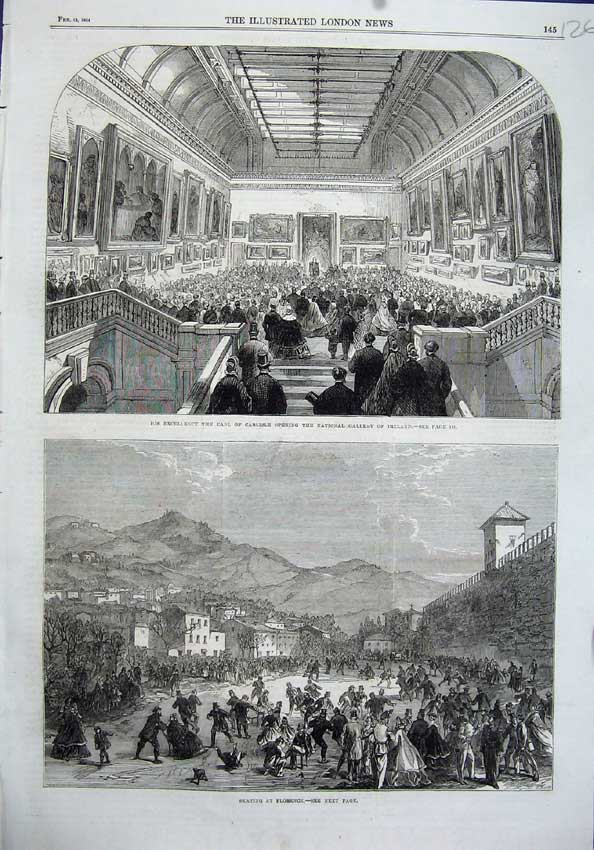 Old Antique Print Earl Carlisle Gallery Ireland Ice Skating Florence Art