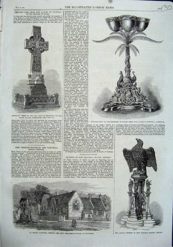 Original Old Antique Print 1864 Statue Eagle Chapel Oxford School Chatham Cross