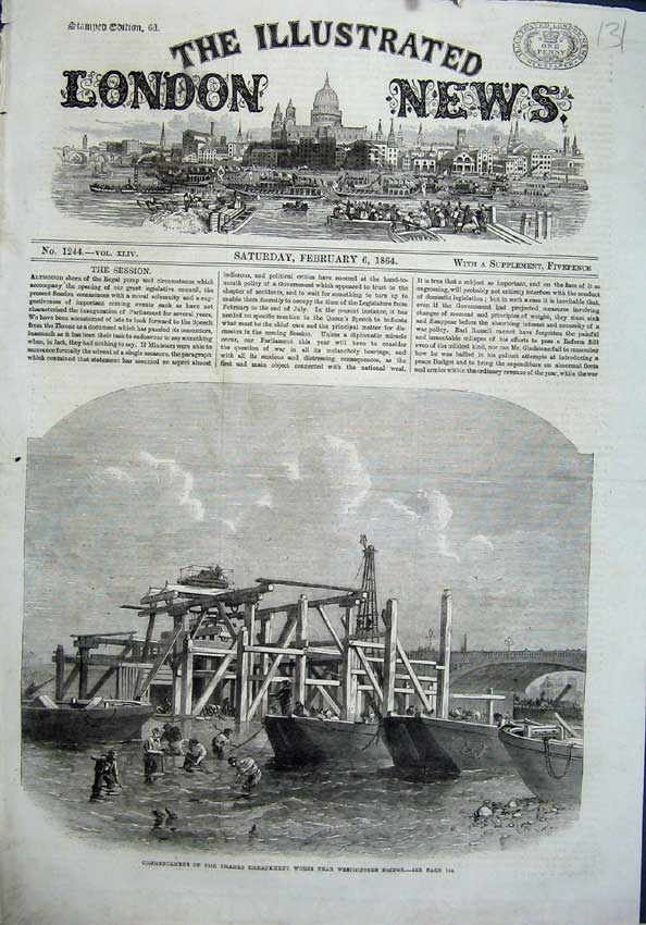 Original Old Antique Print 1864 Thames Embankment Works Westminster Bridge Art