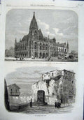 Old Antique Print 1864 Provincial Townhall Market Tarpeian Rock Rome Art 19th