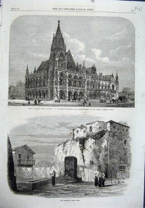 Old Antique Print 1864 Provincial Townhall Market Tarpeian Rock Rome Art 19th