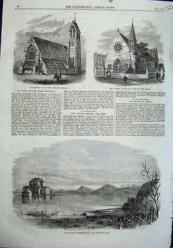 Original Old Antique Print Lake Fusaro Italy 1864 Church Jude Holy Trinity Kent