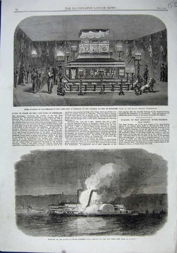 Original Old Antique Print King Denmark Castrum Doloris Copenhagen 1864 Newton