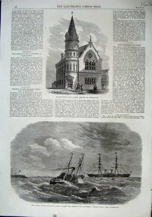 Original Old Antique Print 1864 Working-Mens Hall Eastbourne Jackal Tender Ship
