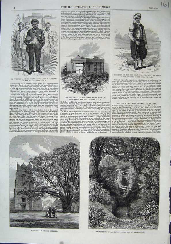 Original Old Antique Print 1864 Tomb Potatau Helmingham Church Cemetery Maori