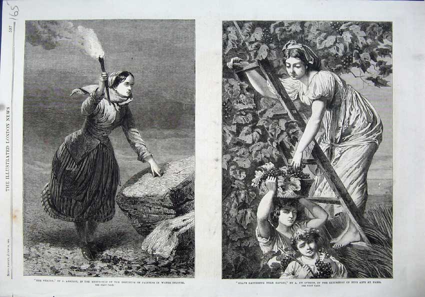 Old Antique Print 1864 Woman Beacon Lamp Grape Gathering Naples Fine Art 19th
