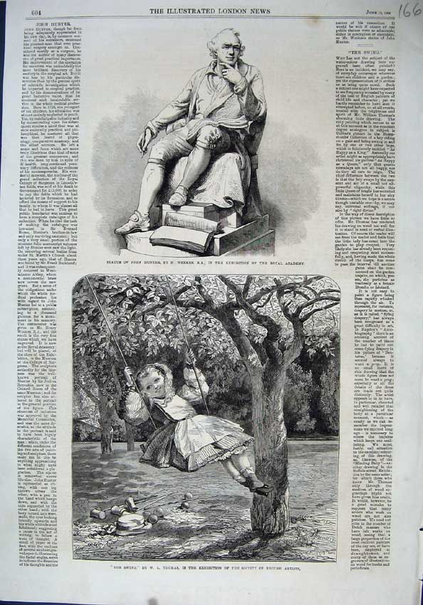 Old Antique Print Statue John Hunter 1864 Young Girl Swing Garden Thomas 19th