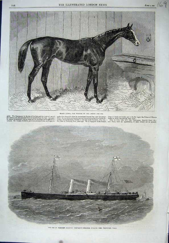 Old Antique Print 1864 Blair Athol Horse Derby Steamer Ship Avalon Sail 19th