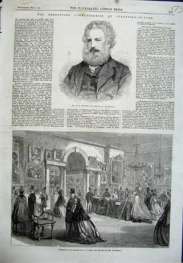 Old Antique Print 1864 Flower Mayor Shakspeare Pictures Relics Town Hall 19th