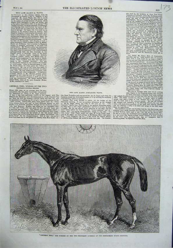 Antique Old Print 1864 Portrait Alaric Watts Horse General Peel Newmarket 19th