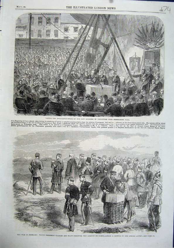 Old Antique Print 1864 War Denmark Prince Charles Duppel Freemasons Hall 19th