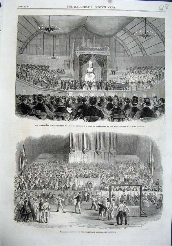 Old Antique Print 1864 Gymnastics Edinburgh School Bust Shakspeare Hall 19th