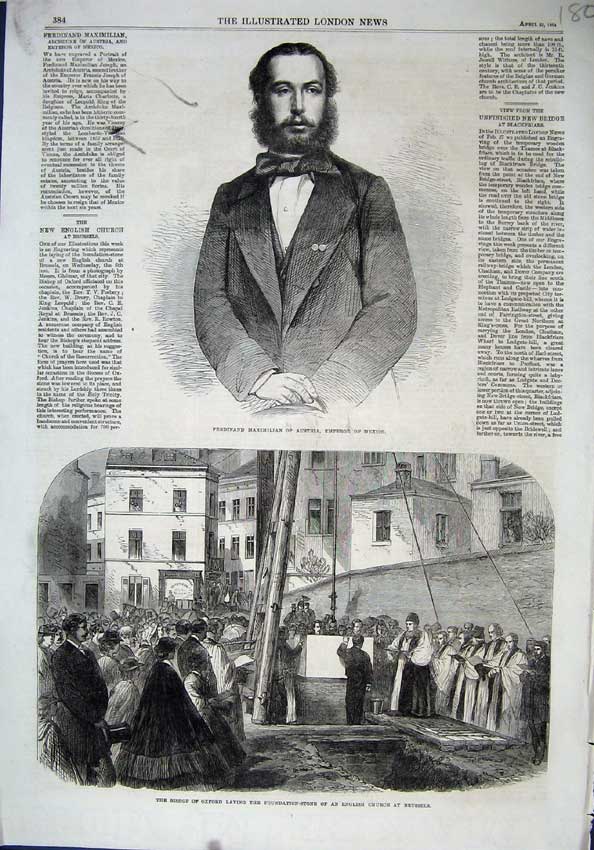 Old Antique Print 1864 Ferdinand Maximillian Austria Bishop Oxford Church 19th
