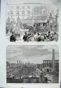 Old Antique Print 1864 Buckingham Palace Ruins Colonel Firearms Factory 19th