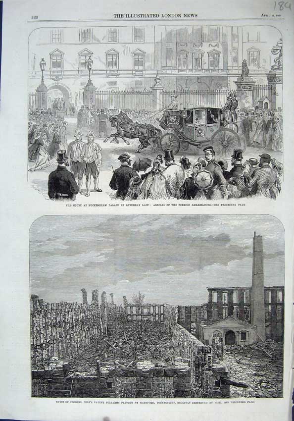 Old Antique Print 1864 Buckingham Palace Ruins Colonel Firearms Factory 19th