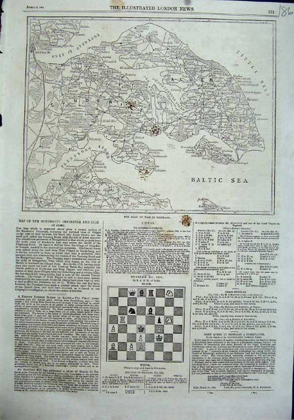 Original Old Antique Print 1864 Map Denmark Baltic Sea War Sundewitt Peninsula
