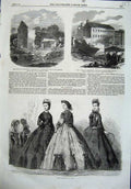 Old Antique Print Paris Fashion 1864 Flood Sheffield Wire-Mill Bridge Art 19th