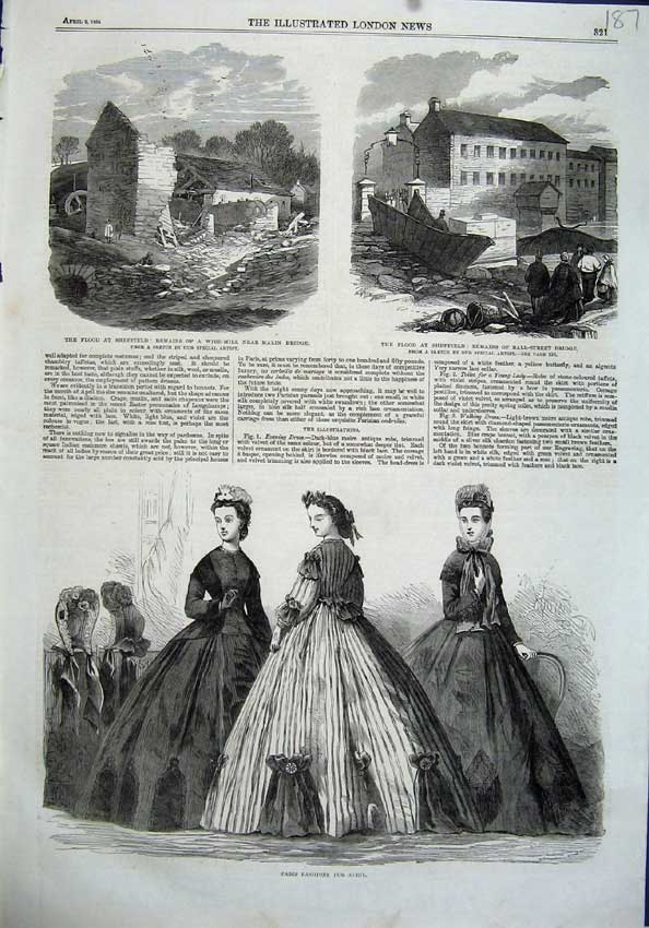 Old Antique Print Paris Fashion 1864 Flood Sheffield Wire-Mill Bridge Art 19th